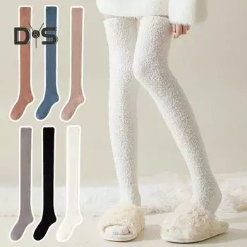 1 пара женских зимних носков Tihick Plush выше колена, нескользящие коралловые флиса однотонные теплые утолщенные чулки, теплые носки для разных случаев чёрный
