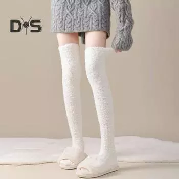 1 пара женских зимних носков Tihick Plush выше колена, нескользящие коралловые флиса однотонные теплые утолщенные чулки, теплые носки для разных случаев бежевый