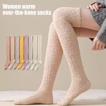 1 пара женских зимних носков Tihick Plush выше колена, противоскользящие, коралловые светло-серый