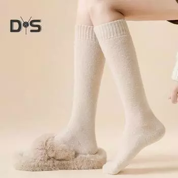 1 пара женских зимних носков, утолщенные плюшевые, длиной до колена, с длинными трубками, высокоэластичные, нескользящие, носки-тапочки, комфортные, теплые, спальные чулки темно-серого