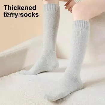 1 пара женских зимних носков, утолщенные плюшевые, длиной до колена, с длинными трубками, высокоэластичные, нескользящие, носки-тапочки, комфортные, теплые, спальные чулки светло-серый