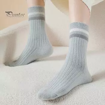 1 пара женских зимних носков, утолщенные плюшевые полосатые носки средней длины, высокоэластичные, нескользящие, удобные, теплые, для сна чёрный