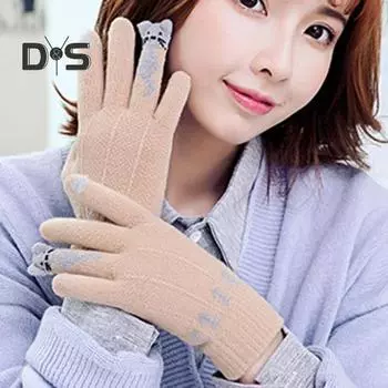 1 пара женских зимних перчаток из жаккарда, утолщенные, вязаные, с пятью пальцами, с сенсорным экраном, с рисунком мультяшного кота, противоскользящие, для холодной погоды, для вождения, гольфа, катания на лыжах красный