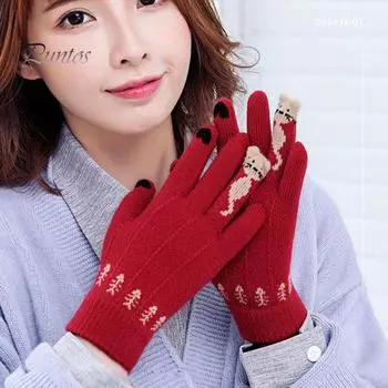 1 пара женских зимних перчаток из жаккарда, утолщенные, вязаные, с пятью пальцами, с сенсорным экраном, с рисунком мультяшного кота, противоскользящие, для холодной погоды, для вождения, гольфа, катания на лыжах красный