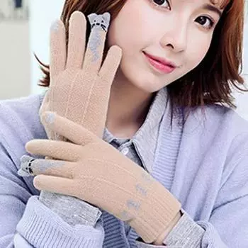 1 пара женских зимних перчаток из жаккарда, утолщенные, вязаные, с пятью пальцами, с сенсорным экраном, с рисунком мультяшного кота, противоскользящие, для холодной погоды, для вождения, гольфа, катания на лыжах красный