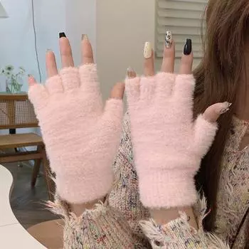 1 пара женских зимних перчаток на половину пальцев из искусственного меха, утолщенные морозостойкие, мягкие эластичные, теплые вязаные однотонные перчатки для студентов с пятью пальцами розовый