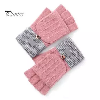 1 пара женских зимних перчаток с откидным чехлом, утолщенные трикотажные эластичные противоскользящие перчатки, контрастные цветные термоизоляционные перчатки без пальцев для серый