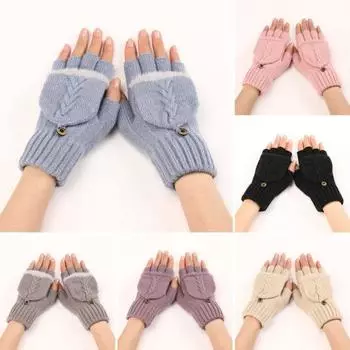 1 пара женских зимних перчаток с откидными пальцами, толстые плюшевые ветрозащитные фиолетовый