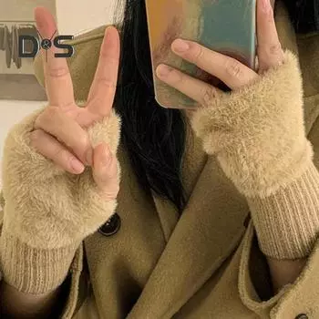 1 пара женских зимних перчаток с полупальцами, толстые плюшевые эластичные теплые, сохраняющие тепло, нескользящие, ветрозащитные, для защиты запястья, варежки для езды на велосипеде хаки