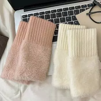 1 пара женских зимних перчаток с полупальцами, толстые плюшевые эластичные теплые, сохраняющие тепло, нескользящие хаки