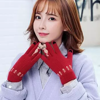 1 пара женских зимних перчаток, утолщенные жаккардовые вязаные перчатки с пятью пальцами для сенсорного экрана, с рисунком мультяшного кота, противоскользящие перчатки для вождения и гольфа в холодную погоду хаки