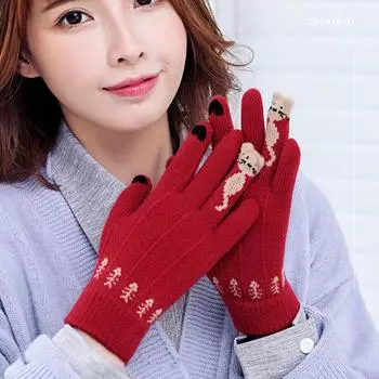 1 пара женских зимних перчаток, утолщенные жаккардовые вязаные перчатки с пятью пальцами, с сенсорным экраном, с рисунком мультяшного кота, противоскользящие перчатки для холодной погоды, для вождения, катания на лыжах и коньках темно-синий