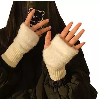 1 пара женских зимних пушистых полупальцевых перчаток без пальцев, теплые вязаные варежки чёрный