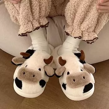 1 пара женских зимних тапочек, пушистые тапочки с милыми животными, молочная корова 36 белый