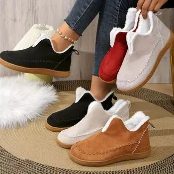 1 пара женских зимних теплых ботинок с плюшевой подкладкой, резиновая подошва, круглый носок, плоский каблук, повседневный дизайн со штрипками, подходят для повседневной носки 36 чёрный