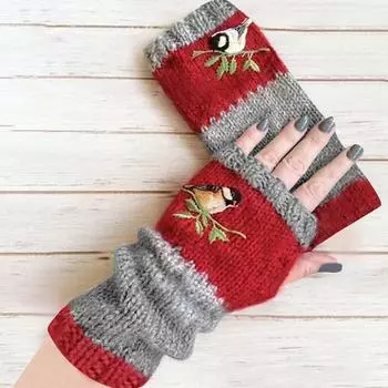 1 пара женских зимних уличных перчаток с вышитыми птицами, перчатки без пальцев, вязаные варежки с блочной строчкой зелёный