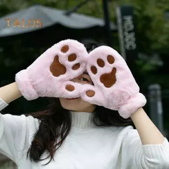 1 пара женских зимних варежек в форме мультяшной кошачьей лапки, толстые плюшевые противоскользящие, сохраняющие тепло перчатки для катания на лыжах и велоспорта чёрный