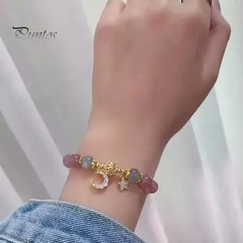 1 пара женский браслет гладкий бусина искусственный агат полированный звезда луна кулон горный хрусталь регулируемый шопинг работа вечеринка свидание запястье цепочка женские ювелирные изделия розовый