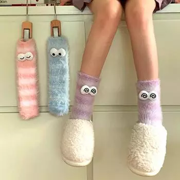 1 пара жутких мультяшных средних носков для сна, уродливые милые плюшевые носки, утолщенные, теплые, с большими глазами оранжевый