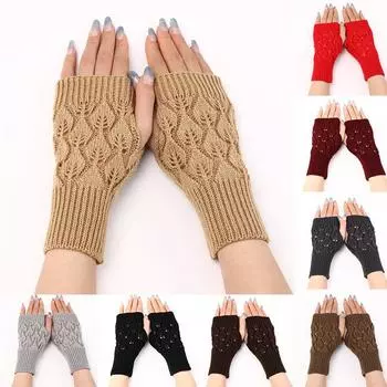 1 пара зимних ажурных перчаток крючком, однотонные шерстяные перчатки, вязаные перчатки с листьями