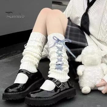 1 пара зимних чехлов для голени, трикотажные, нескользящие, однотонные, со шнуровкой, эластичные, в стиле Лолиты, JK, для косплея, повседневной носки, для спорта, прогулок, ног синий