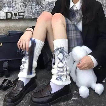 1 пара зимних чехлов для голени, трикотажные, нескользящие, однотонные, со шнуровкой, эластичные, в стиле Лолиты, JK, для косплея, повседневной носки, для спорта, прогулок, ног синий