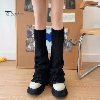 1 пара зимних чехлов для икр с кружевной отделкой, трикотажные противоскользящие, однотонные, эластичные, в стиле Лолиты, для косплея, для выступлений, для повседневной носки, для спорта и отдыха белый