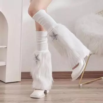 1 пара зимних чехлов для телят, пушистый искусственный мех, противоскользящие блестки, звездная нашивка, однотонные, в стиле JK, эластичные, утолщенные, повседневные, спортивные, для прогулок, гетры чёрный