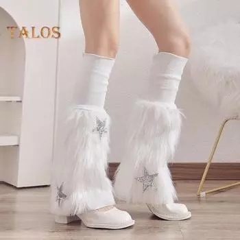 1 пара зимних чехлов для телят, пушистый искусственный мех, противоскользящие блестки, звездная нашивка, однотонные, в стиле JK, эластичные, утолщенные, повседневные, спортивные, для прогулок, гетры чёрный