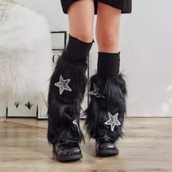 1 пара зимних чехлов для телят, пушистый искусственный мех, противоскользящие блестки, звездная нашивка, однотонные, в стиле JK, эластичные, утолщенные, повседневные, спортивные, для прогулок, гетры чёрный