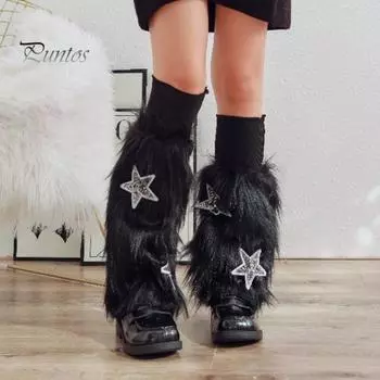 1 пара зимних чехлов для телят, пушистый искусственный мех, противоскользящие блестки, звездная нашивка, однотонные, в стиле JK, эластичные, утолщенные, повседневные, спортивные, для прогулок, гетры белый