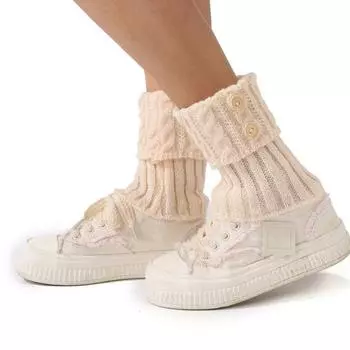 1 пара зимних чехлов на лодыжку, трикотажные противоскользящие, однотонные, с декором из пуговиц, эластичные, скрученные, с текстурой, для косплея, для повседневной носки, для спортивных гетр белый