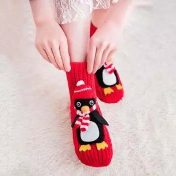 1 пара зимних носков с 3D-принтом с изображением животных из мультфильмов, вязаные, противоскользящие, средней толщины, утолщенные светло-синий