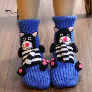 1 пара зимних носков с 3D-принтом с животными из мультфильмов, вязаные нескользящие утолщенные эластичные теплые носки средней длины с подошвой в силиконовые точки красный