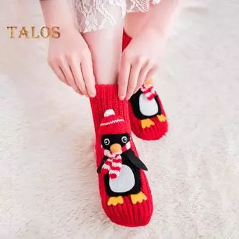 1 пара зимних носков с 3D-принтом с животными из мультфильмов, вязаные нескользящие утолщенные эластичные теплые носки средней длины с подошвой в силиконовые точки темно-синий