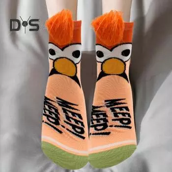 1 пара зимних носков с героями мультфильмов, с принтом в виде искусственных волос, противоскользящие длинные носки-трубы для пары, эластичные носки для повседневной носки оранжевый