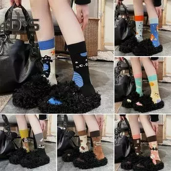 1 пара зимних носков с рисунком из мультфильмов, асимметричные носки с принтом животных, носки средней длины для голени, спортивные носки для дома, эластичная обувь для ходьбы, бега трусцой One Size Cat