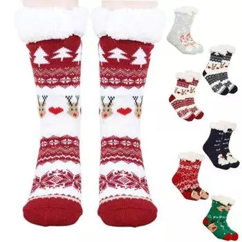 1 пара зимних носков с рисунком Санта-Клауса и лося, с плюшевой подкладкой, сохраняющих тепло зелёный