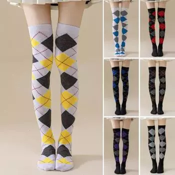 1 пара зимних носков с ромбовидным принтом, теплые, очень свободные, чулки контрастного цвета для повседневной носки и танцев темно-синий