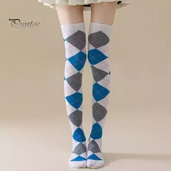 1 пара зимних носков с ромбовидным принтом, теплые, очень свободные, чулки контрастного цвета для повседневной носки и танцев синий