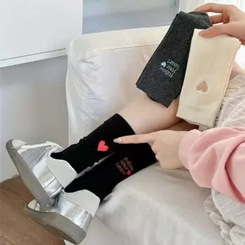 1 пара зимних носков с вышивкой в виде букв и сердец, средней длины, высокая эластичность, противоскользящие, One серый