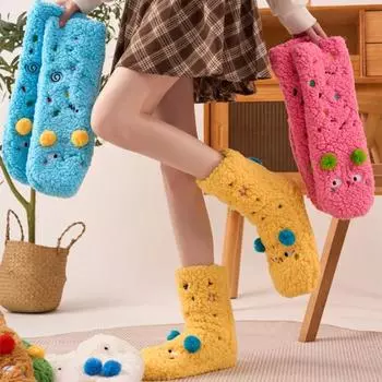 1 пара зимних носков-тапочек с мультяшным дизайном и вышивкой животных, ультратолстый флис