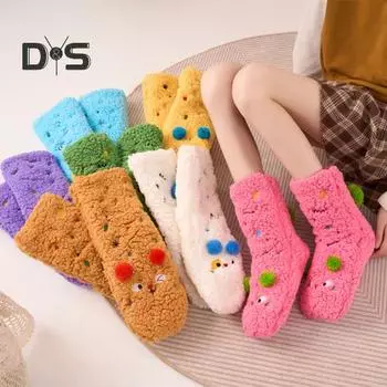 1 пара зимних носков-тапочек с мультяшным дизайном и вышивкой животных, ультра-толстые флисовые носки средней длины с нескользящими вставками коричневый