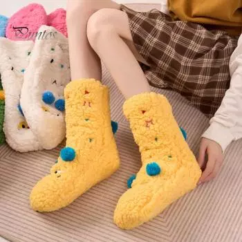 1 пара зимних носков-тапочек с мультяшным дизайном и вышивкой животных, ультра-толстые флисовые носки средней длины с нескользящими вставками розовый