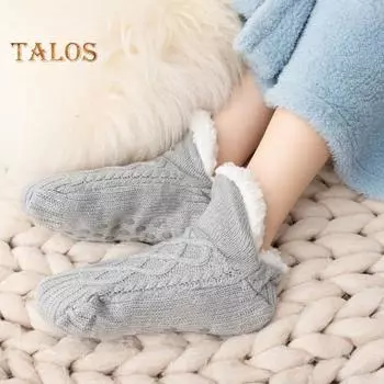 1 пара зимних носков-тапочек, толстые плюшевые вязаные носки, сохраняющие тепло, противоскользящие, с силиконовой подошвой, с V-образными ребрами, теплые, для повседневной носки для дома и спальни S вино красного