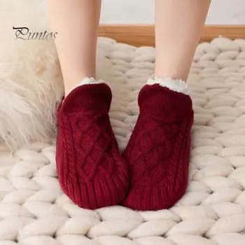 1 пара зимних носков-тапочек, толстые плюшевые вязаные носки, сохраняющие тепло, противоскользящие, с силиконовой подошвой, с V-образными ребрами, теплые, для повседневной носки для дома и спальни S абрикосовый