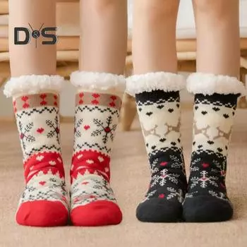 1 пара зимних носков-тапочек, утолщенные, пушистые, плюшевые, сохраняющие тепло, с принтом рождественского лося и снежинки, гетры с силиконовой подошвой, осенне-зимние носки-тапочки чёрный