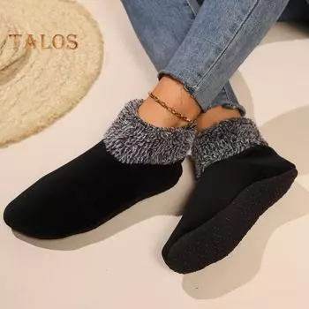 1 пара зимних носков-тапочек, водонепроницаемые, утолщенные, плюшевые, двойные, теплые, нескользящие, однотонные, средней длины, длинные, подарок на праздник чёрный