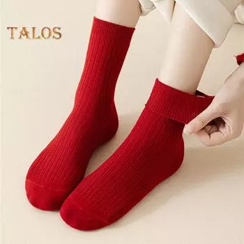 1 пара зимних носков унисекс, новогодние праздничные красные носки с вышивкой из мультфильмов, толстые винтажные носки средней длины, противоскользящие, высокоэластичные спортивные носки D