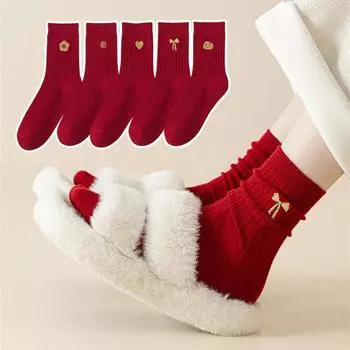 1 пара зимних носков унисекс, новогодние праздничные красные носки с вышивкой из мультфильмов, толстые винтажные носки средней длины, противоскользящие, высокоэластичные спортивные носки